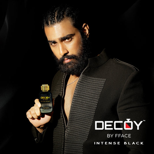 Decoy Intense Black 100ml perfume model shot man in suit holding luxury unisex fragrance