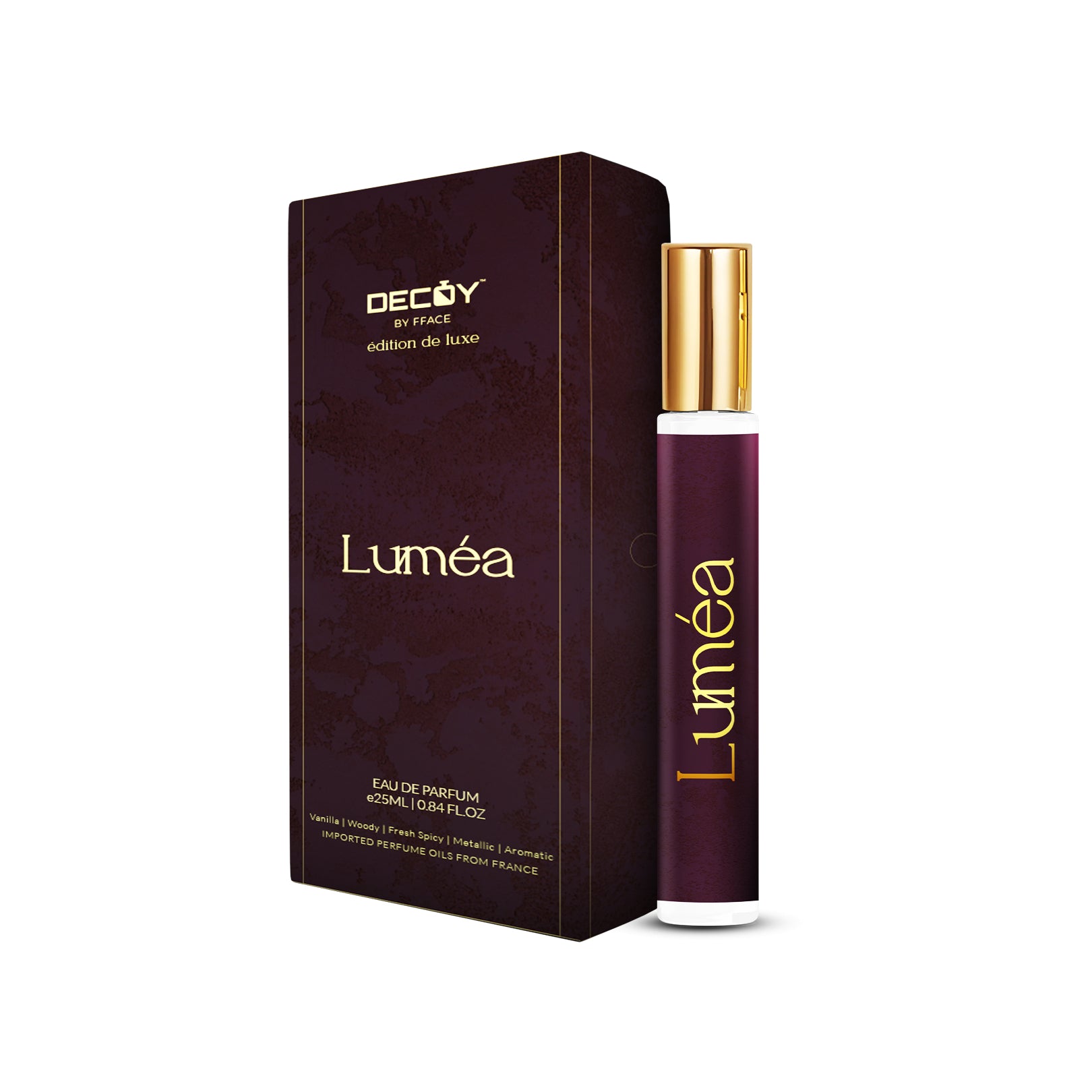 Decoy Lumea 25ml travel perfume bottle and box purple packaging woody vanilla scent