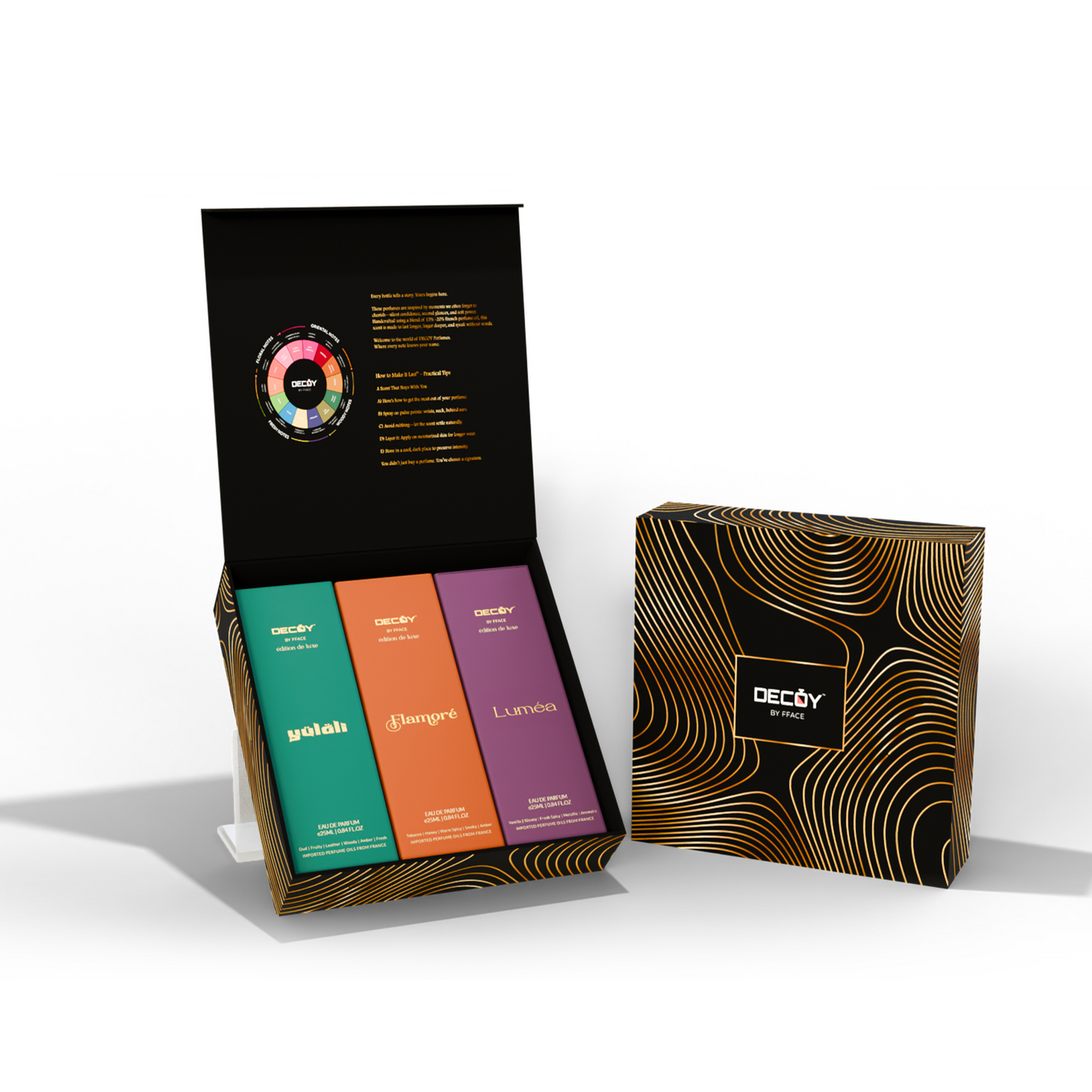 Decoy Luxe Edition gift set 3x25ml with Yulali Flamore and Lumea premium perfume bottles