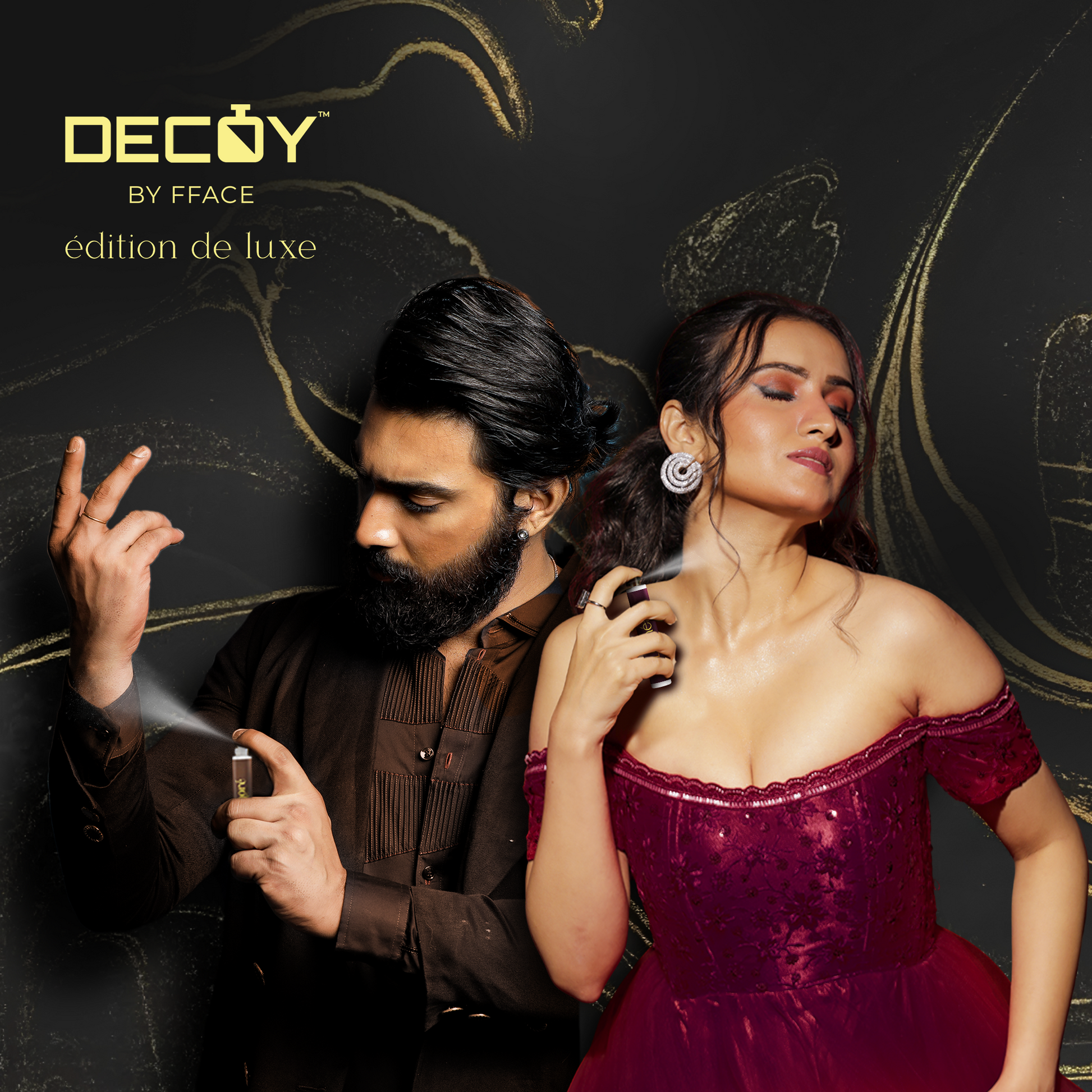 Decoy Luxe Edition perfume gift set model shot couple wearing luxury unisex fragrance