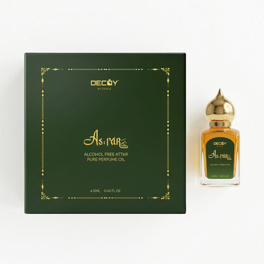 Decoy Asrar alcohol-free attar perfume bottle and packaging on a white background