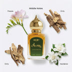Decoy Attar perfume bottle with freesia, orris root, and gardenia flowers on a white background.