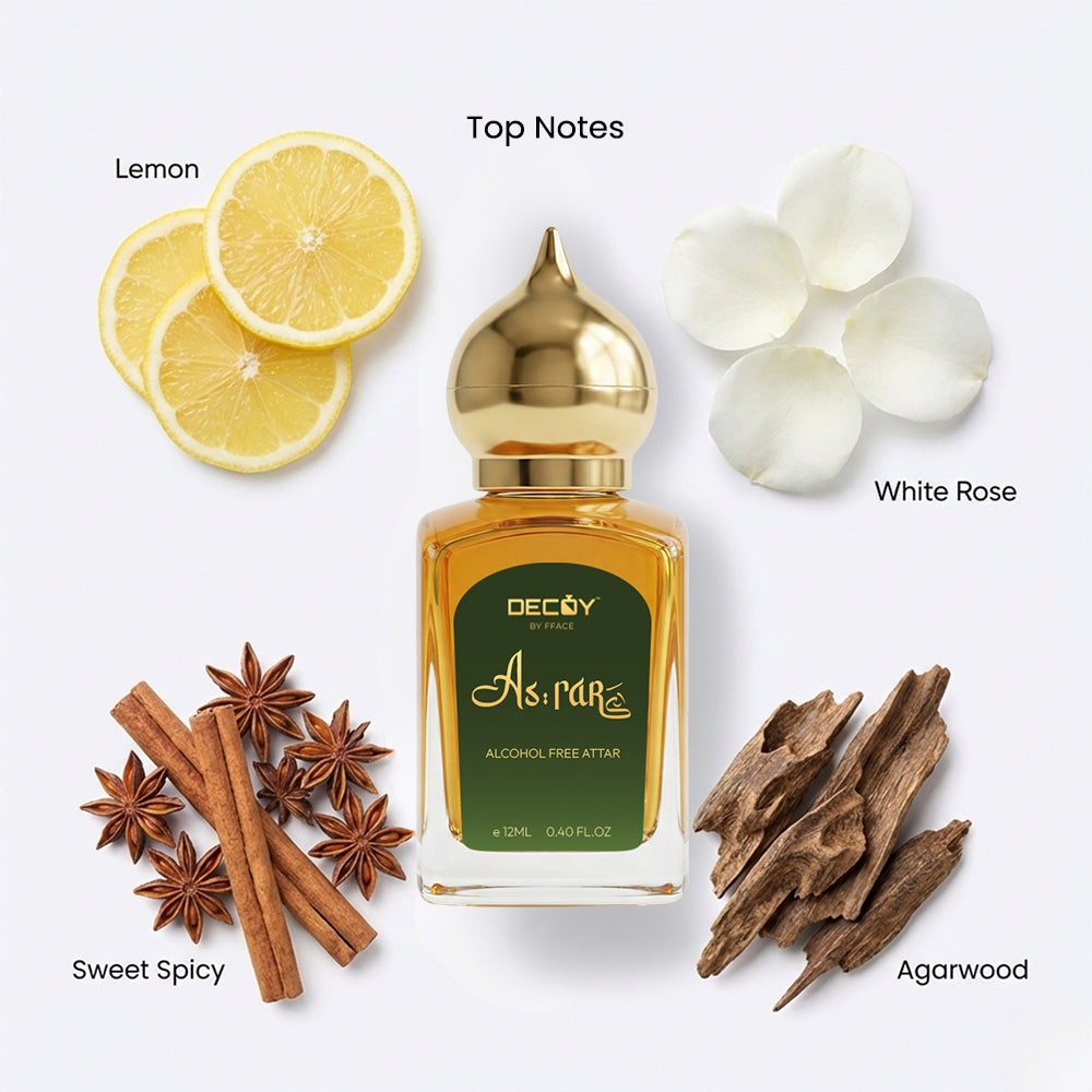 Decoy Attar perfume bottle with lemon slices, white flowers, cinnamon sticks, star anise, and agarwood on a white background.