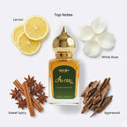 Decoy Attar perfume bottle with lemon slices, white flowers, cinnamon sticks, star anise, and agarwood on a white background.