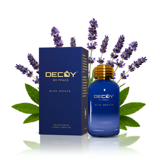 Decoy by Fface Blue Zephyr perfume bottle and packaging with lavender flowers on a white background