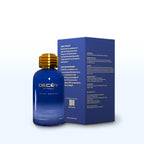 Blue perfume bottle with gold cap and matching box on a white background