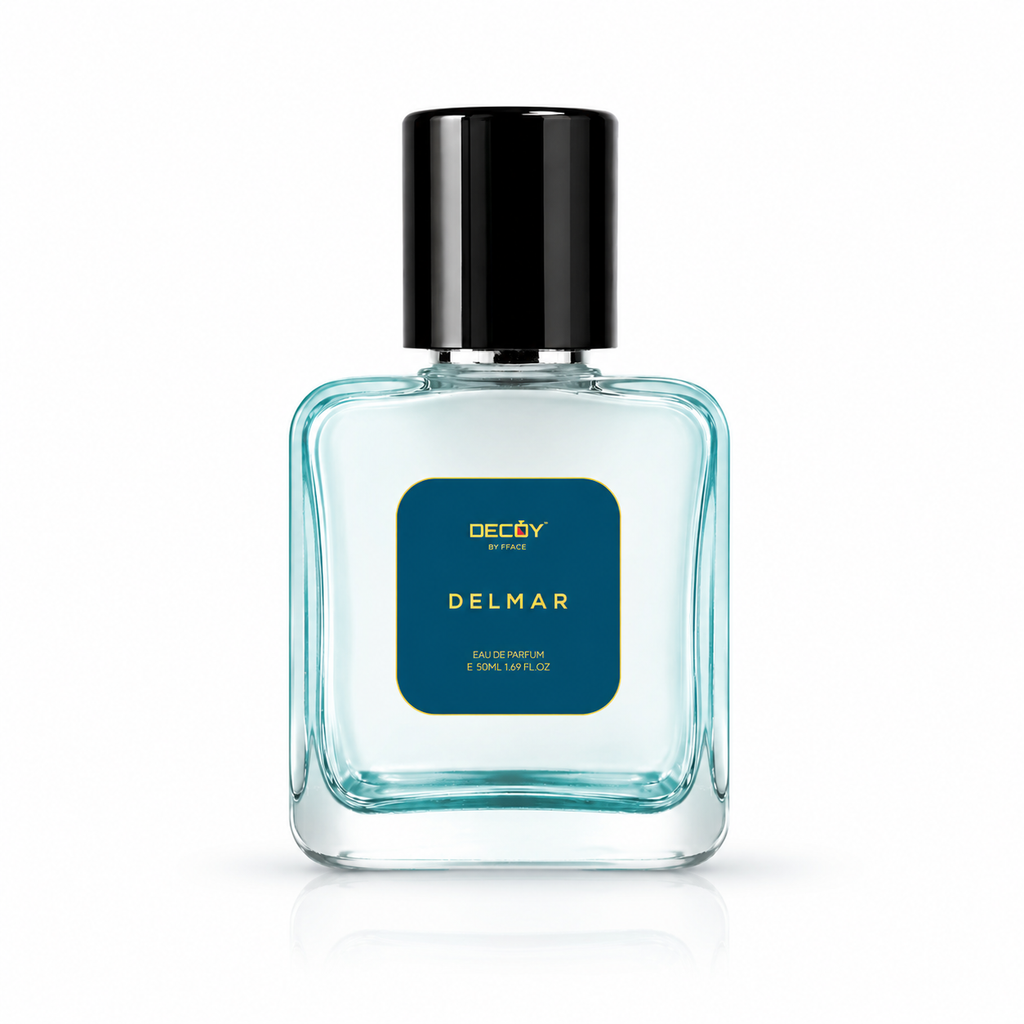 Perfume bottle labeled 'Delmar' by Decoy on a white background