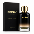 Decoy by Fface Intense Black perfume bottle and packaging on a white background