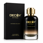 Decoy by Fface Intense Black perfume bottle and packaging on a white background