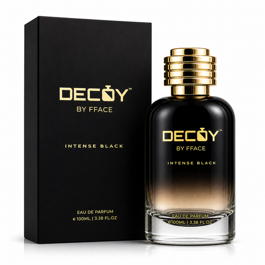 Decoy by Fface Intense Black perfume bottle and packaging on a white background