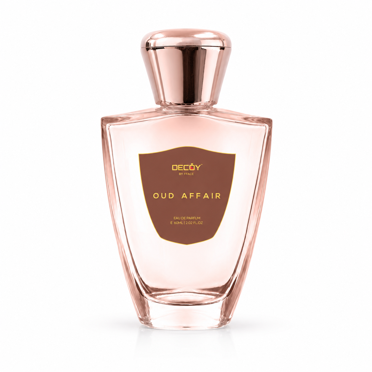 Perfume bottle labeled 'Oud Affair' by Decoy on a white background