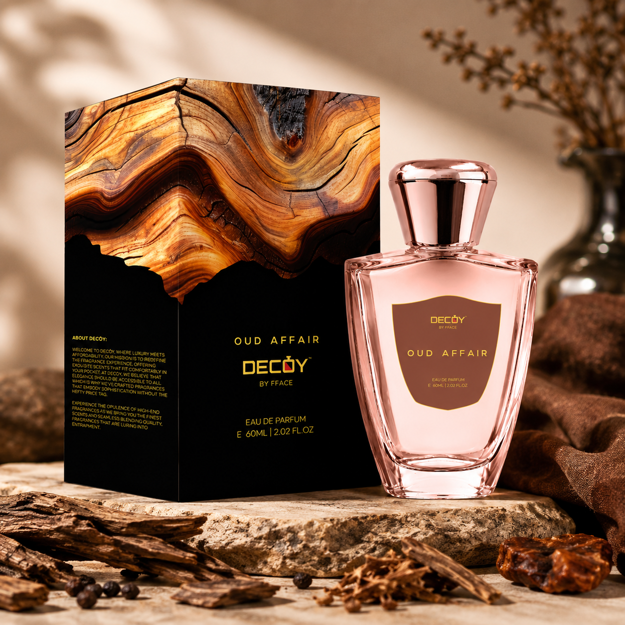 Decoy Oud Affair perfume bottle and packaging on a wooden surface with decorative elements.