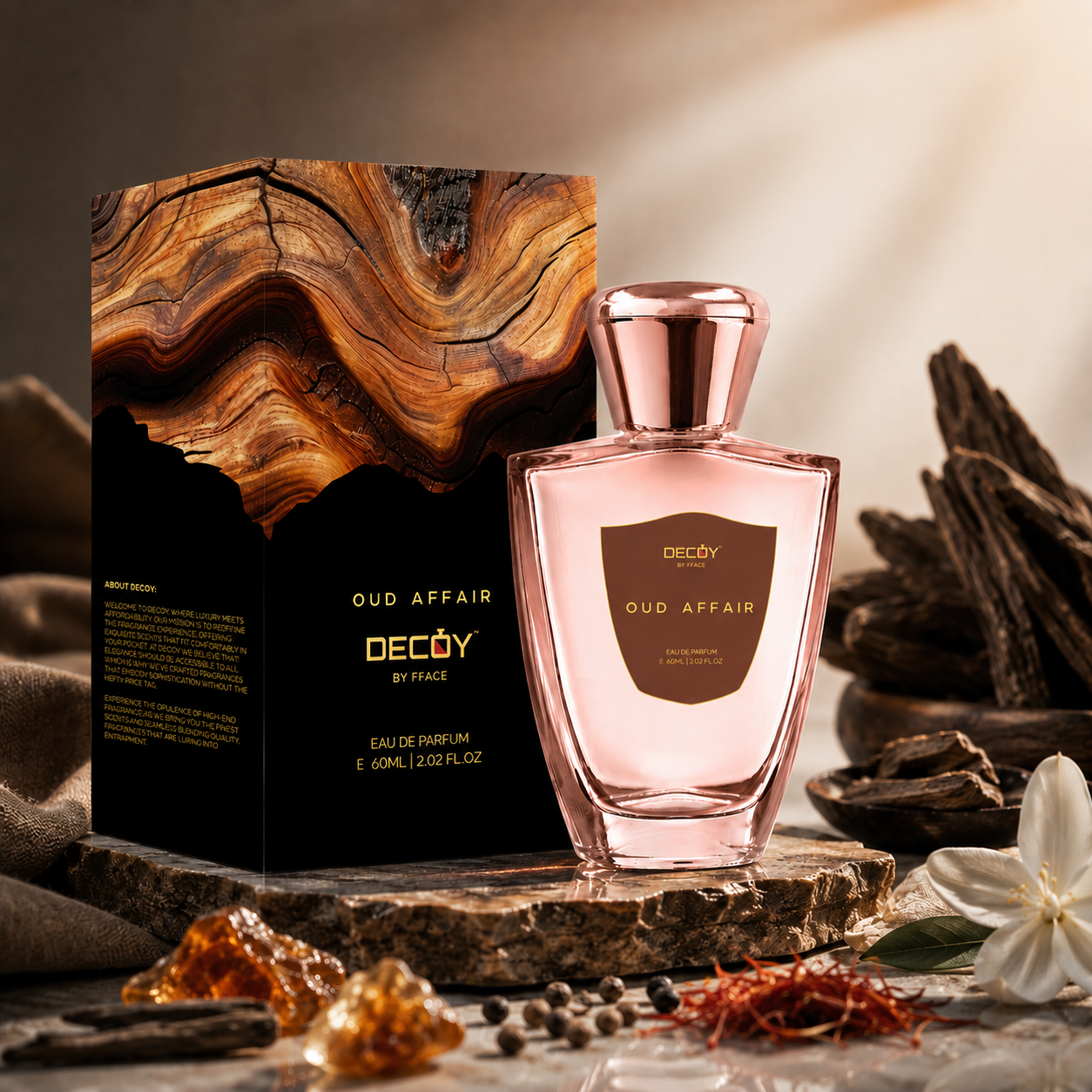 Decoy Oud Affair perfume bottle and packaging on a rustic background