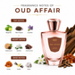 Perfume bottle labeled 'Oud Affair' with fragrance notes displayed on a white background