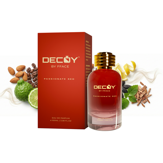 Decoy by Fface Passionate Red perfume bottle and packaging with ingredients on a white background