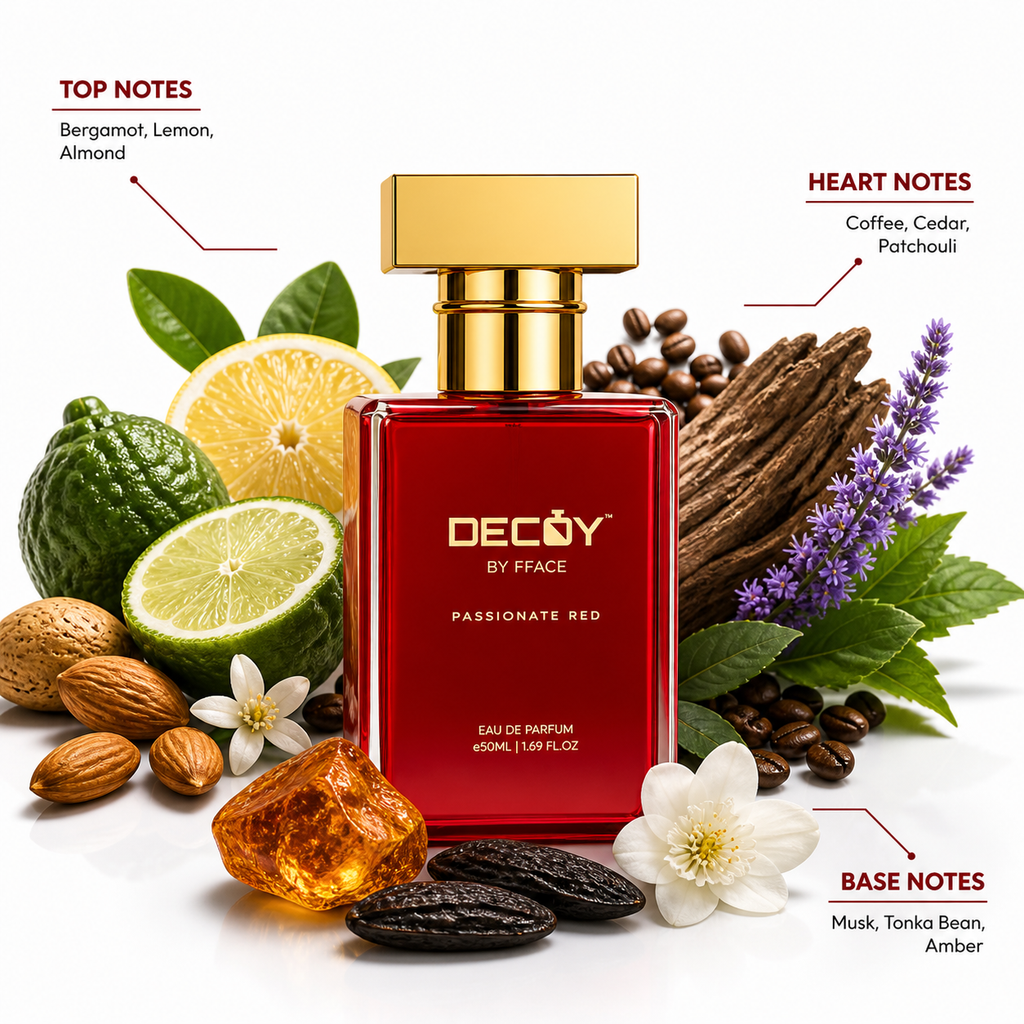 Decoy by Fface Passionate Red perfume bottle with top, heart, and base notes elements on a white background