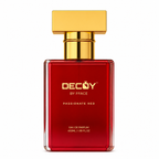 Red perfume bottle with gold cap on a white background