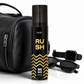 Black and yellow deodorant spray bottle with sunglasses and a black bag on a white background