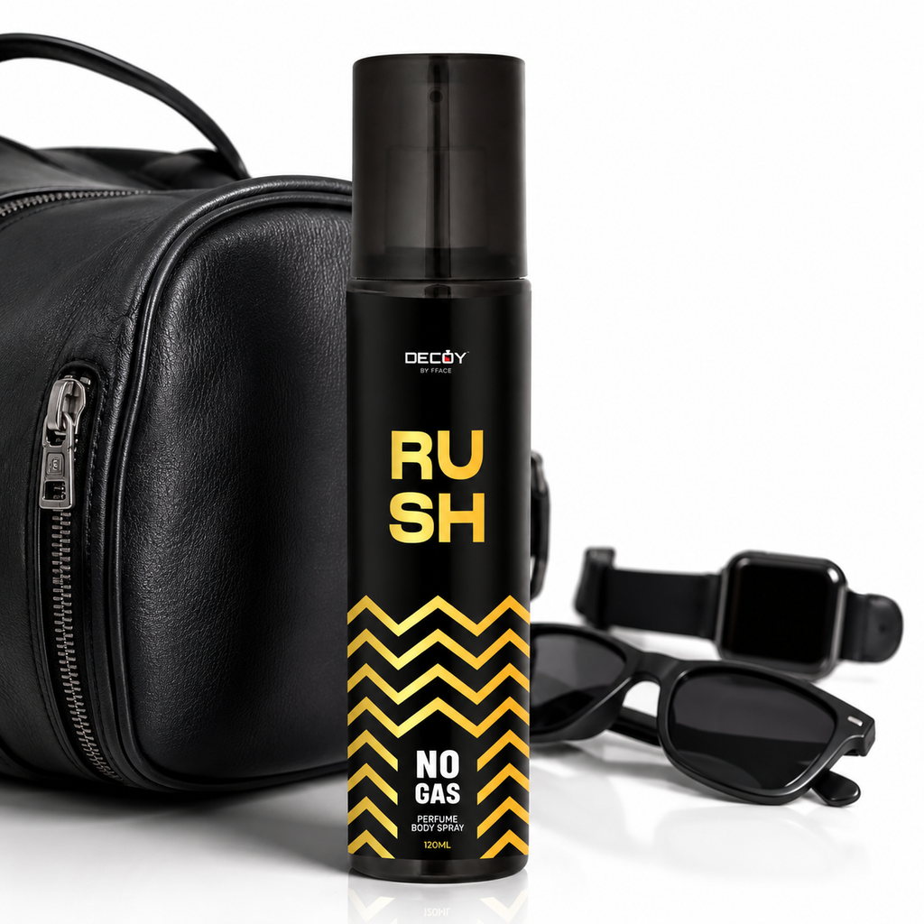 Black and yellow deodorant spray bottle with sunglasses and a black bag on a white background