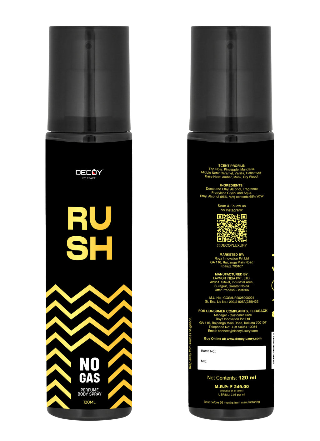 Two black and yellow Decoy Rush body spray bottles on a white background