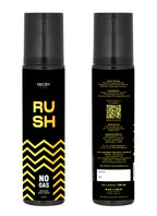 Two black and yellow Decoy Rush body spray bottles on a white background