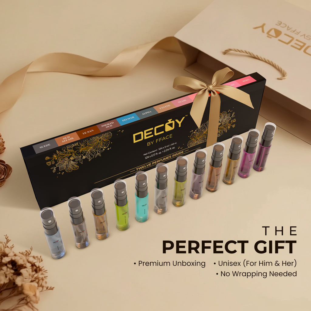 Decoy by Eface perfume set with bottles and packaging on a beige surface.