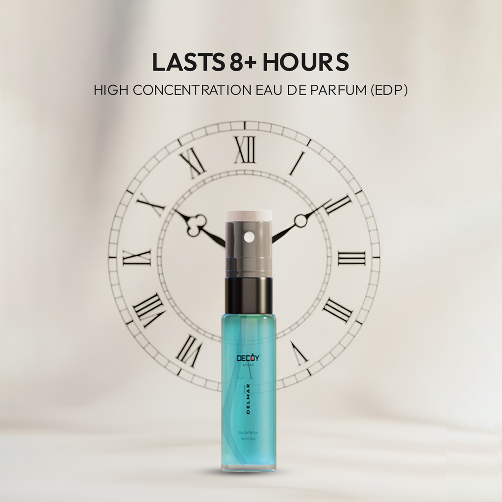 Decoy luxury true edp unisex perfume with a clock in the background and text about duration of perfume.