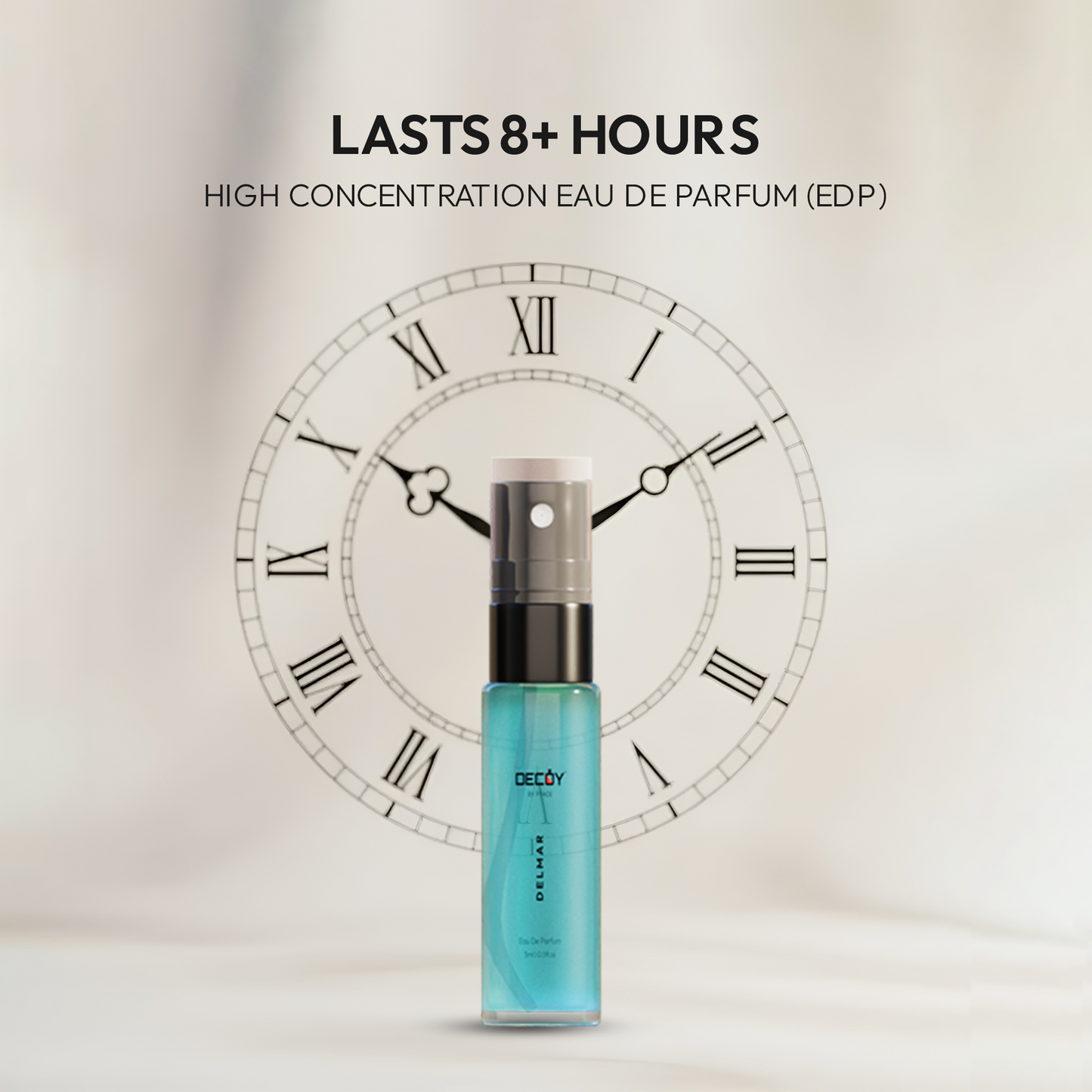 Decoy luxury true edp unisex perfume with a clock in the background and text about duration of perfume.