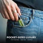Hand placing a small green bottle into a pocket with text 'Pocket-Sized Luxury' below.
