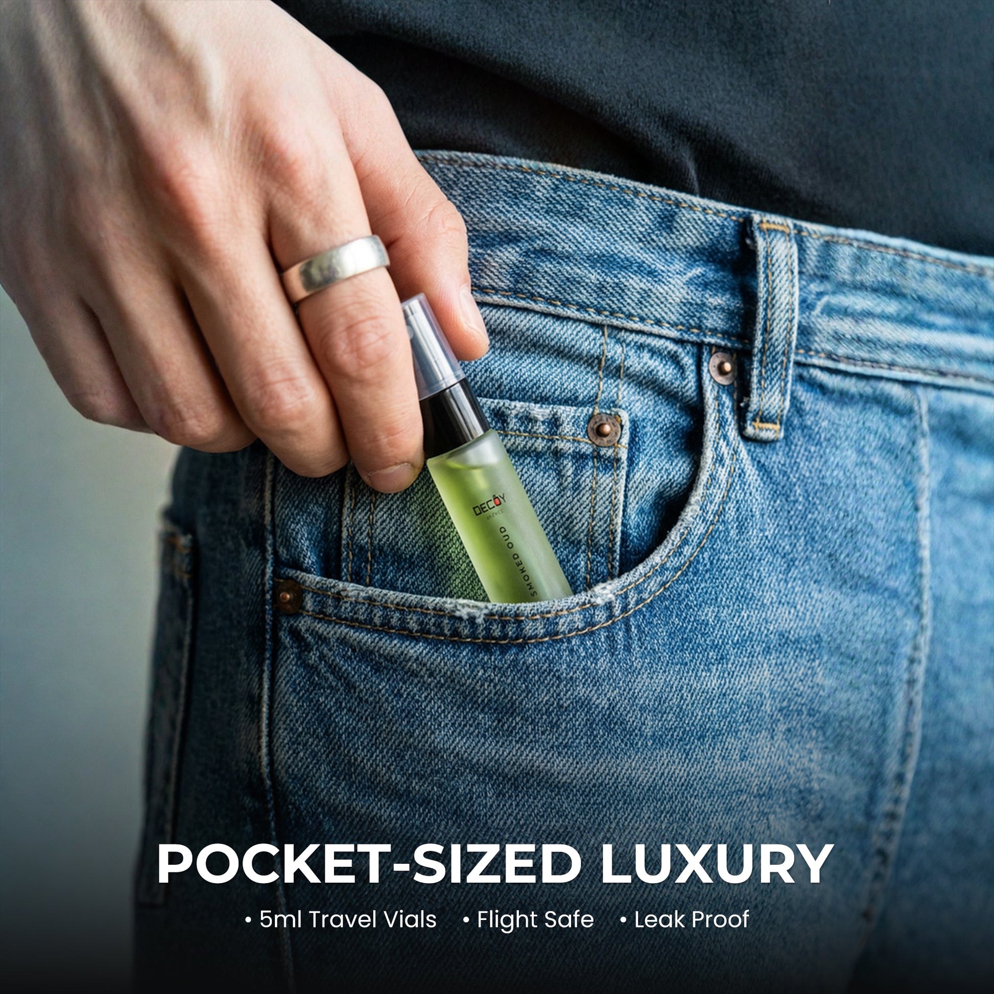 Hand placing a small green bottle into a pocket with text 'Pocket-Sized Luxury' below.