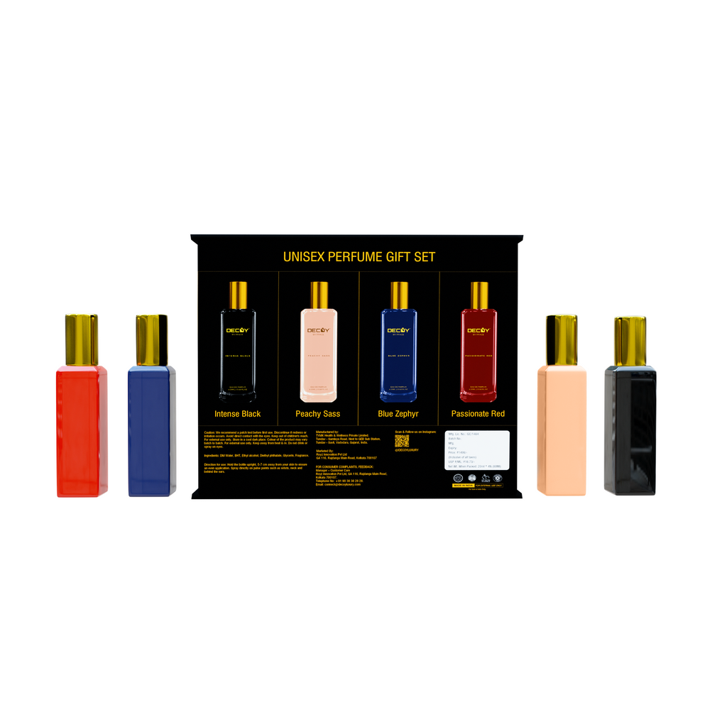 Unisex perfume gift set with various colored bottles and packaging on a white background