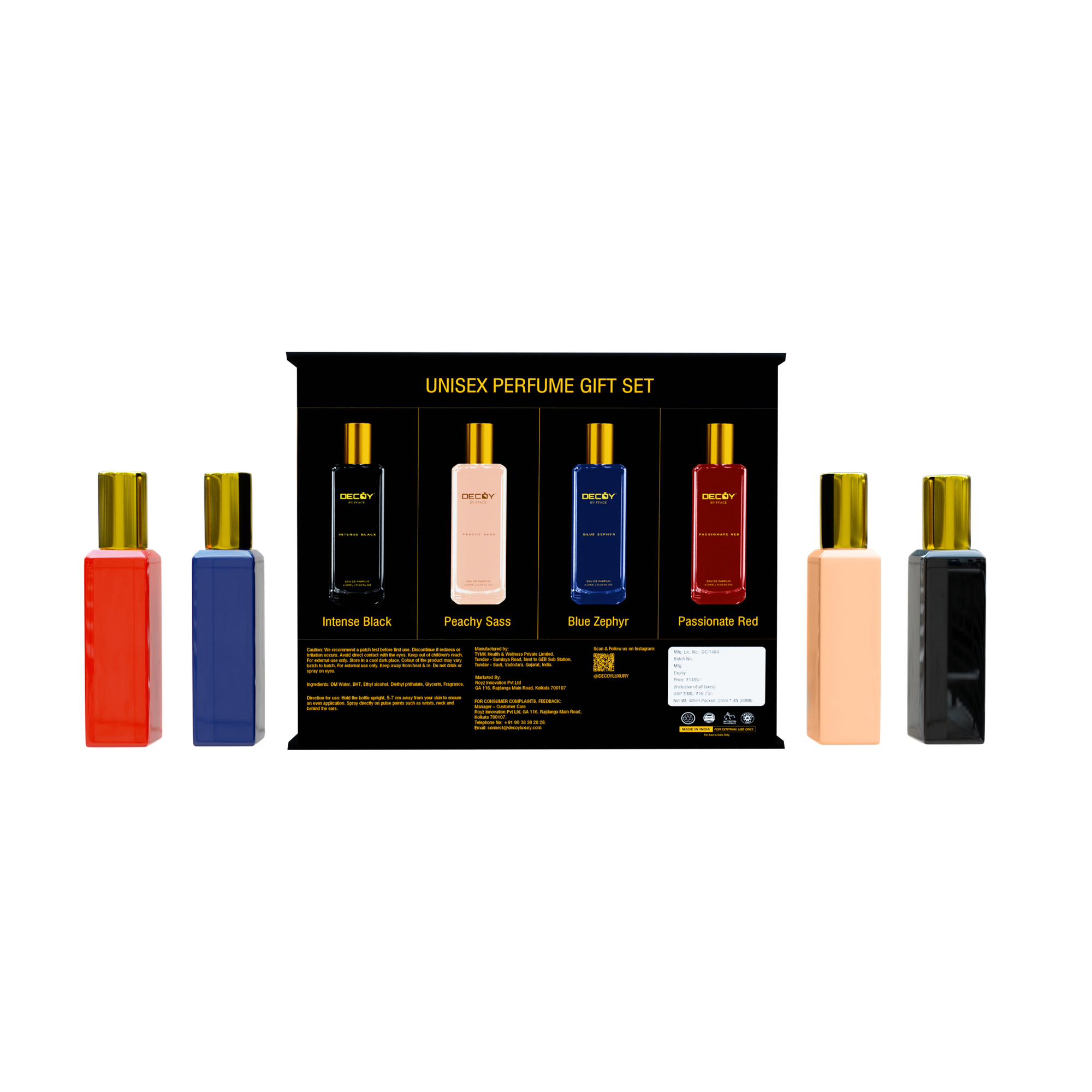 Unisex perfume gift set with various colored bottles and packaging on a white background