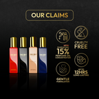 Four perfume bottles with gold caps on a black background, featuring product claims text.