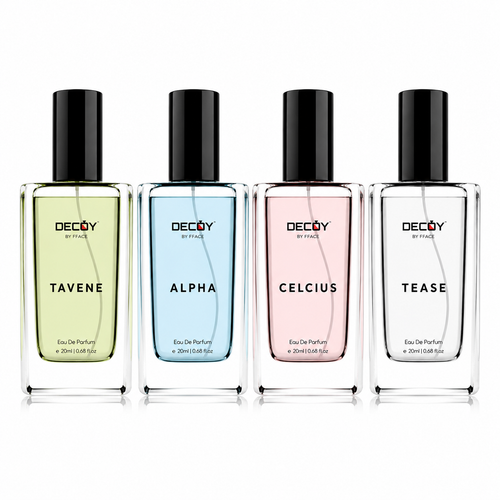 Four Decoy perfume bottles with different colored liquids and labels on a white background.