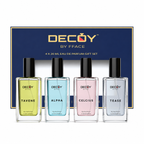 Decoy by Fface perfume gift set with four bottles in front of a branded box.