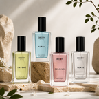 Four Decoy perfume bottles on a neutral background with decorative elements.