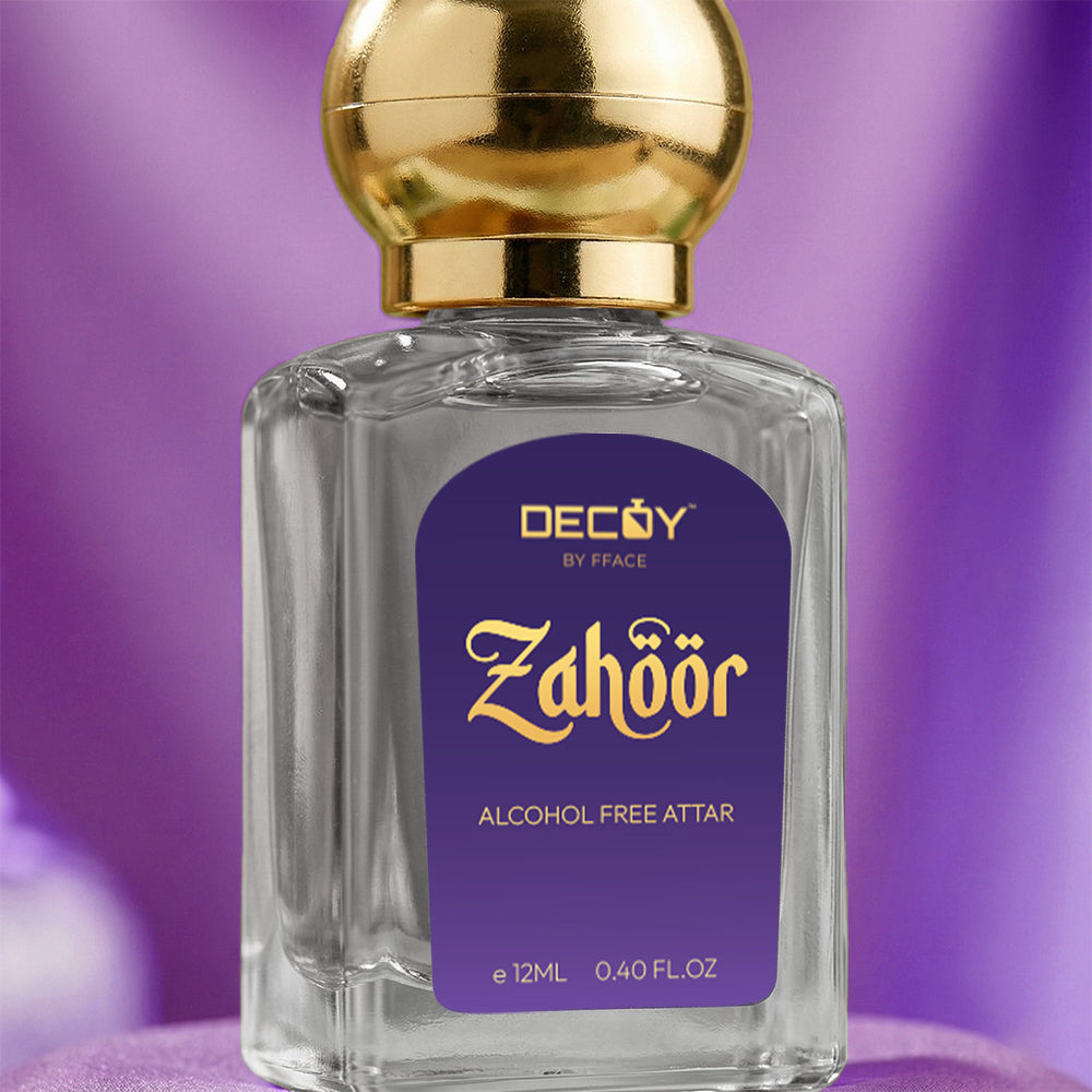 Perfume bottle labeled 'Zahoor' with gold cap on a purple background