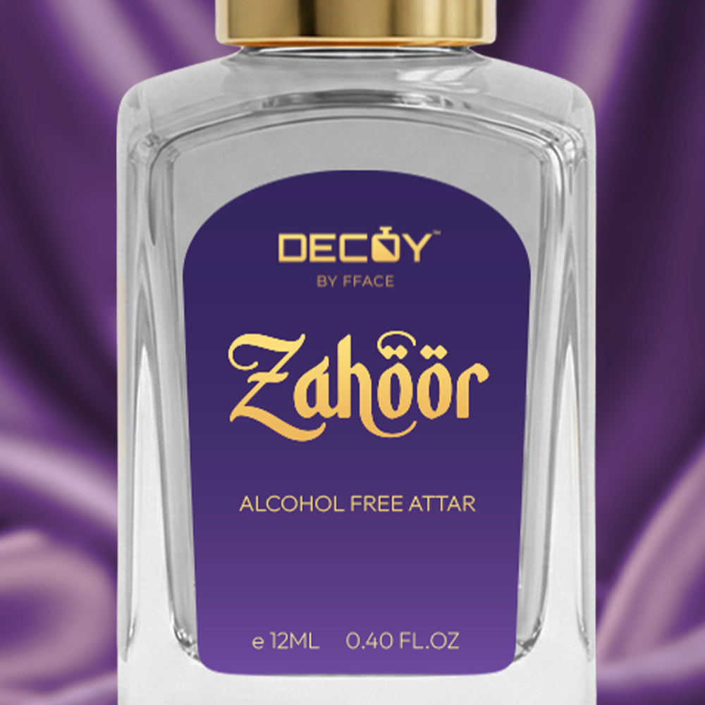 Decoy by Fface Zahoor alcohol-free attar bottle with purple label on a purple background