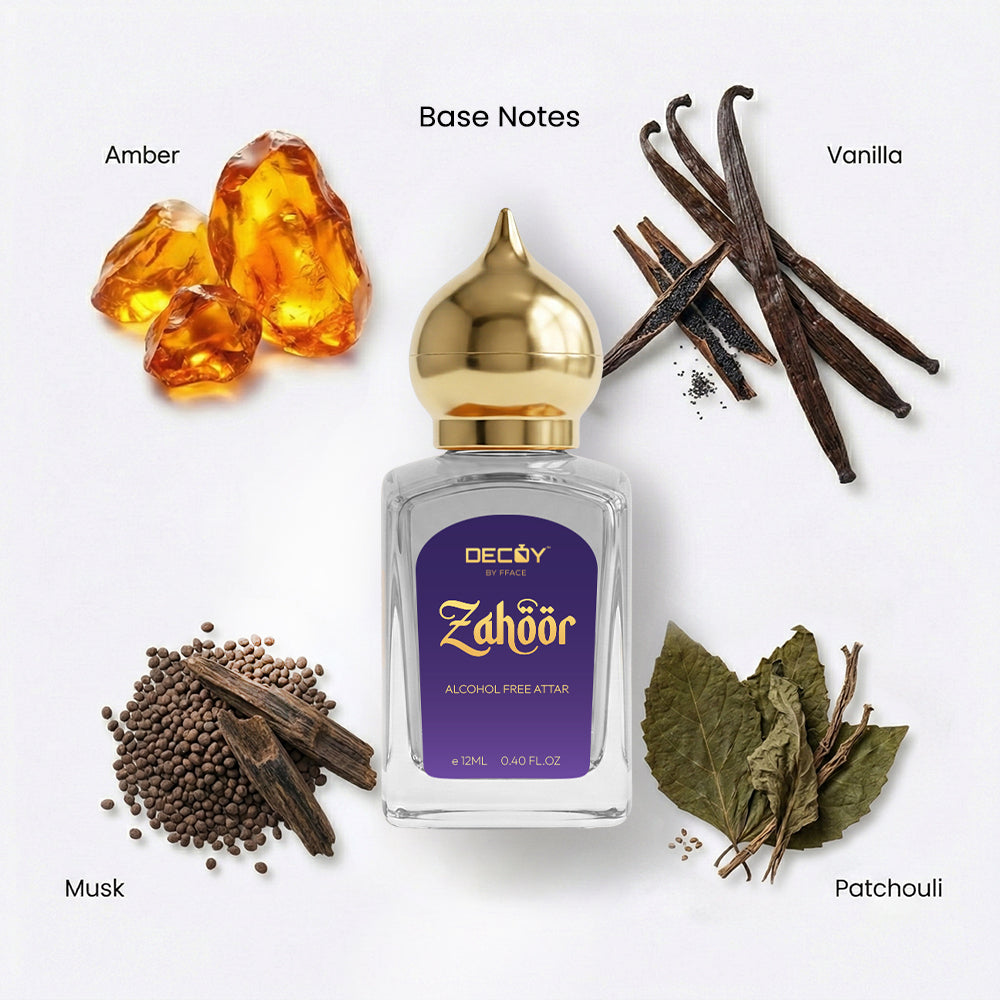 Decoy Zahoor alcohol-free attar with base notes of amber, vanilla, musk, and patchouli on a white background.