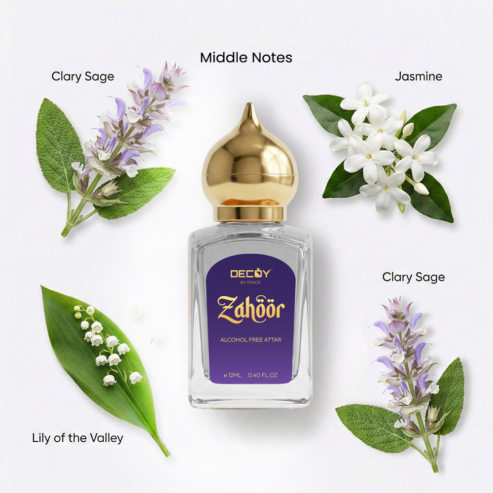 Decoy Attar Zahoor alcohol-free attar bottle with floral elements on a white background