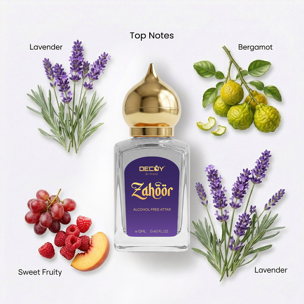 Perfume bottle labeled 'Zahoor' with ingredients like lavender, bergamot, and grapes on a white background