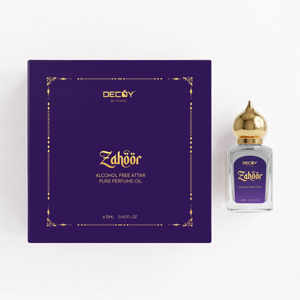 Decoy Luxury Zahoor Attar Oil, alcohol-free attar with purple packaging on a white background