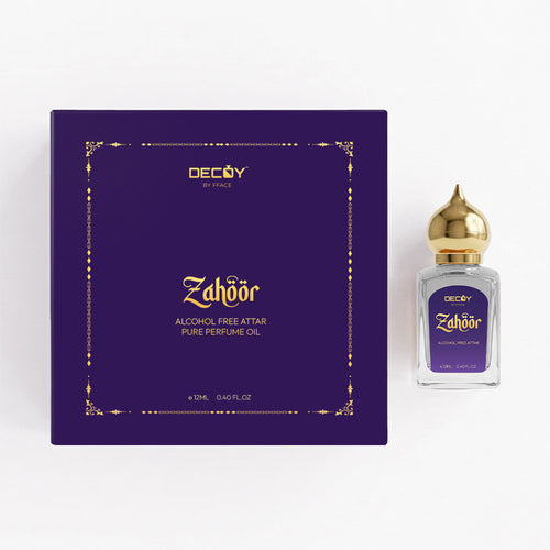Decoy Luxury Zahoor Attar Oil, alcohol-free attar with purple packaging on a white background
