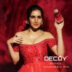 Decoy Passionate Red 100ml perfume model shot woman in red dress holding luxury fragrance