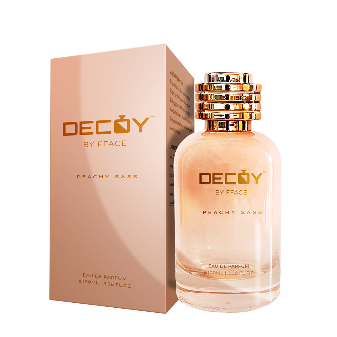 Decoy Peachy Sass 100ml perfume bottle and box peach packaging floral fruity scent