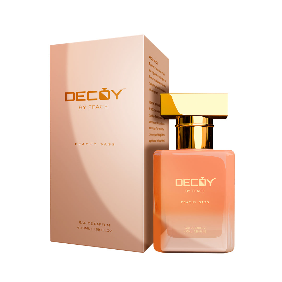 Decoy Peachy Sass 50ml travel perfume bottle and box peach packaging floral fruity scent