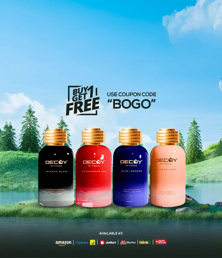 Decoy Perfumes (Intense Black, Passionate Red, Blue Zephyr, Peachy Sass) in a nature setting with Buy 1 Get 1 Free offer using code BOGO.