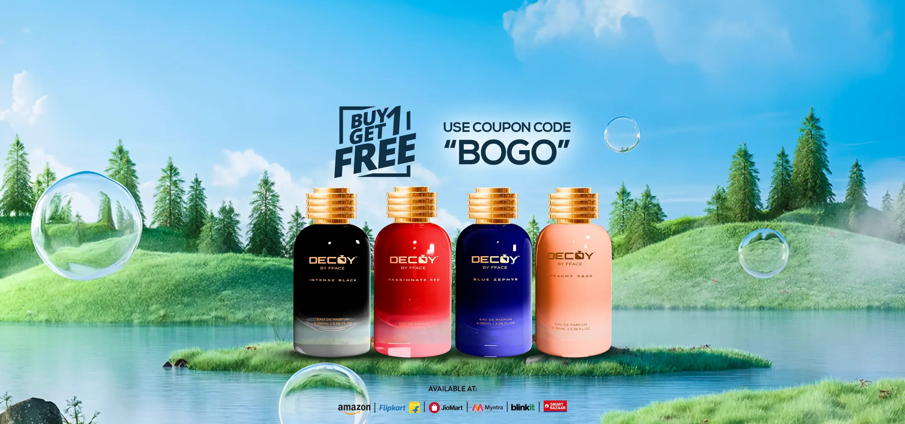 Decoy Perfumes landscape banner featuring four scents in a nature scene with bubbles, promoting Buy 1 Get 1 Free offer with code BOGO.