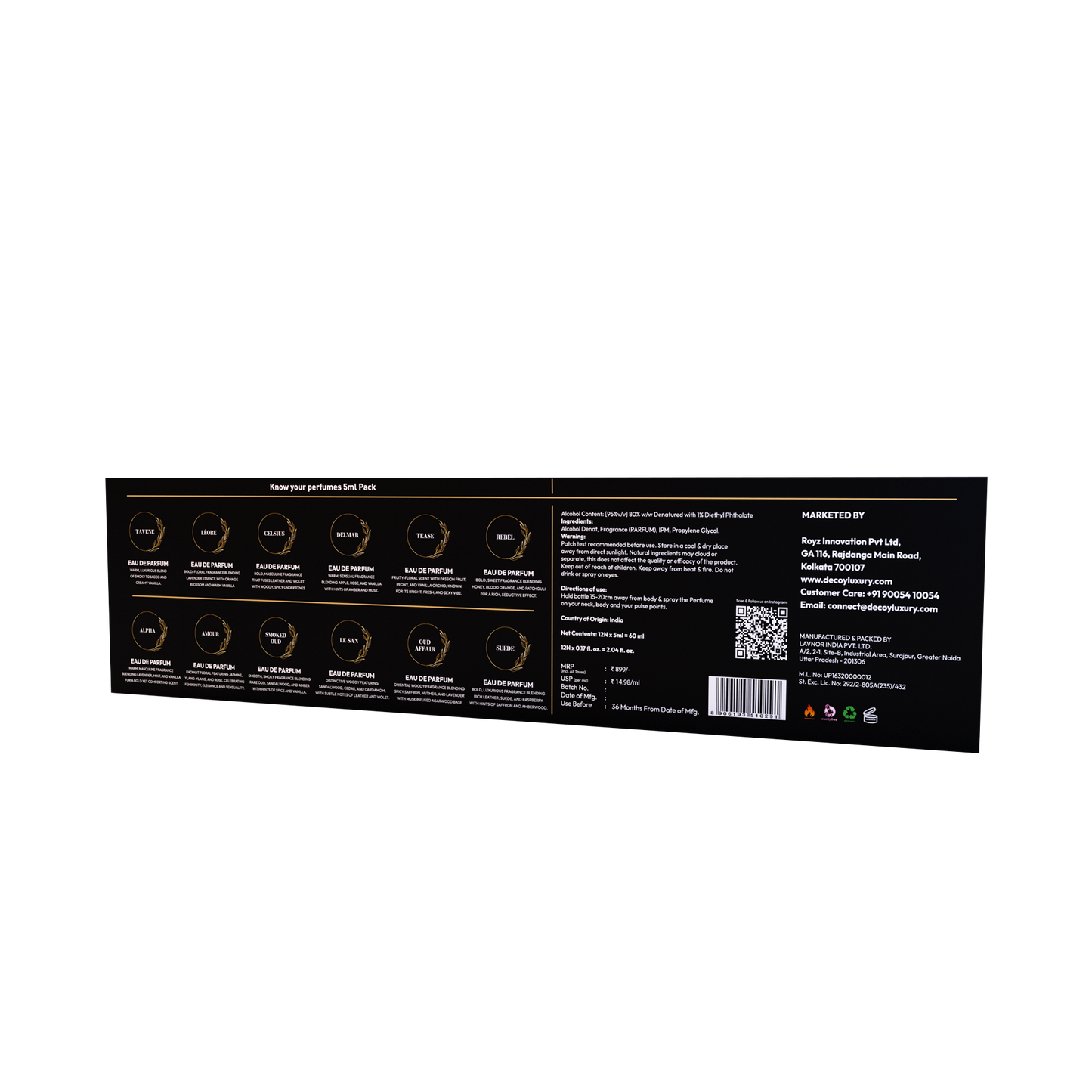 Decoy perfume gift pack back of box ingredients and directions for use