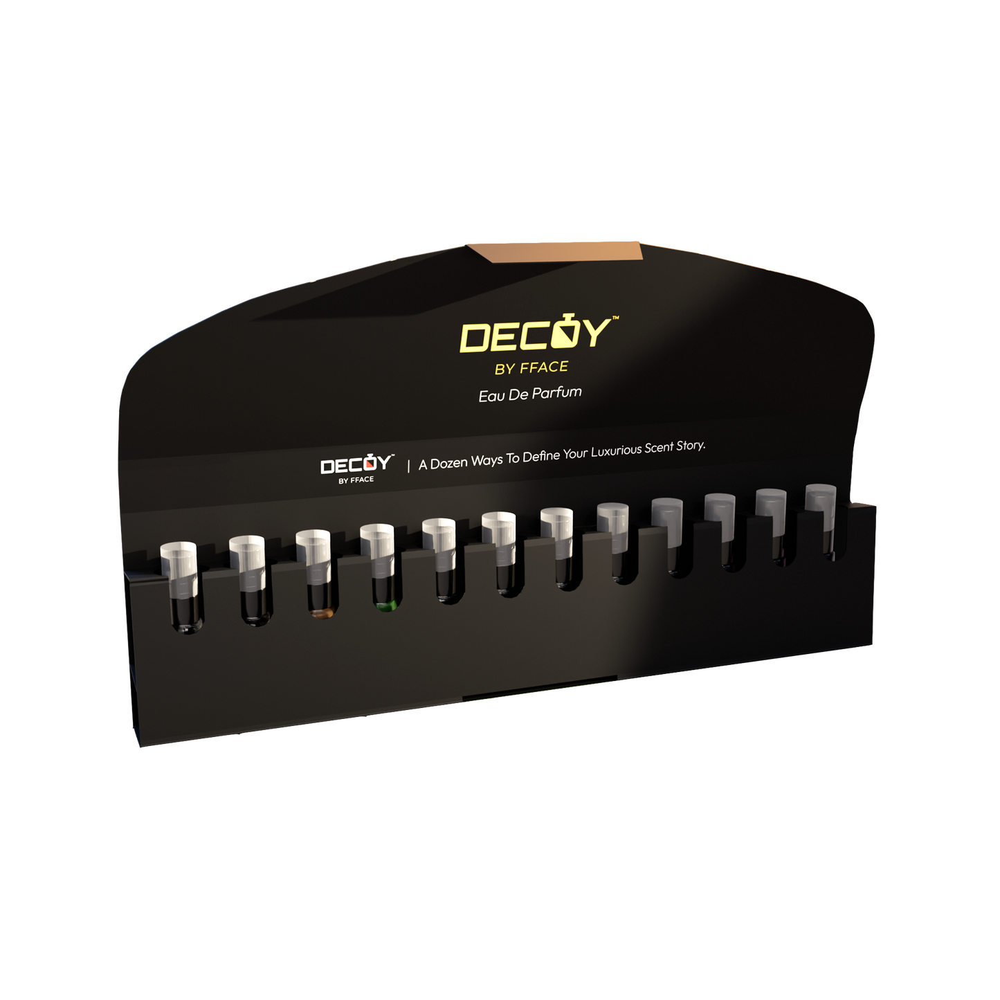 Decoy perfume sampler set featuring 12 unique unisex fragrances in 5ml vials